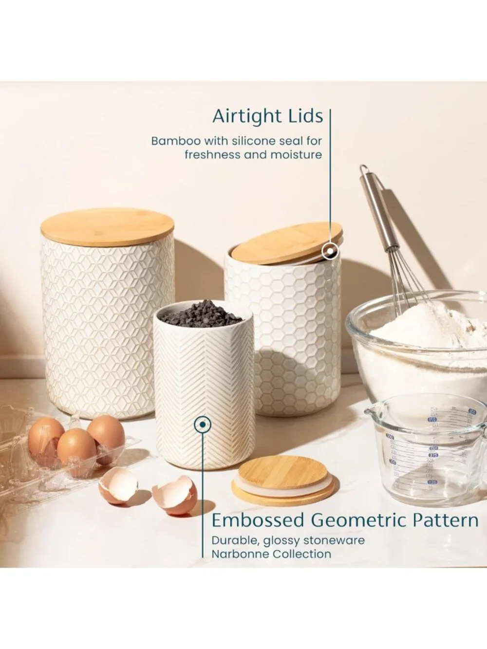 Stylish Ivory Ceramic Storage Containers with Bamboo Lids - Set of 3, Embossed